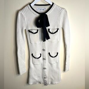 Self-Portrait Ivory Lurex Ribbed Sparkly Sweater Knit Dress Black Details Preppy